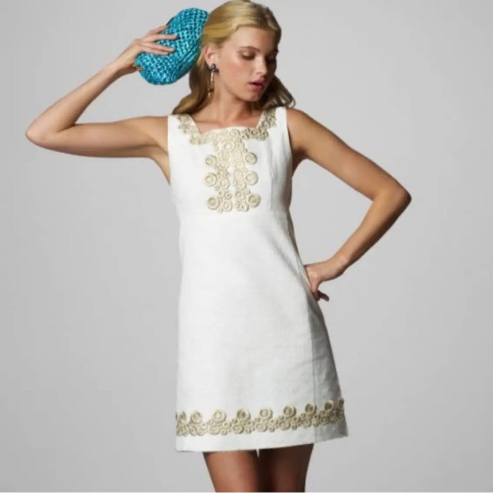 Lilly Pulitzer Suzette White Shift Dress with Gold Embroidery - Size 2